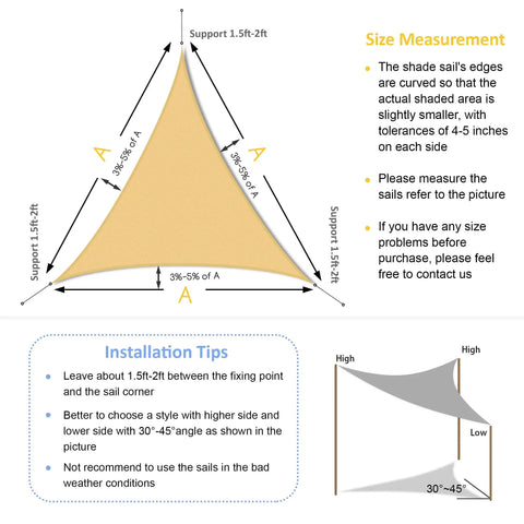 Diagram showing 12 Ft By 12 Ft By 12 Ft Sun Shade Sail Triangle Canopy For Patio Garden And Outdoor Backyard Sand Color Breathable 185GSM HDPE Fabric Blocks UV Rays While Letting Air Flow Easy Setup And Durable Shade Solution with installation and measurement tips.