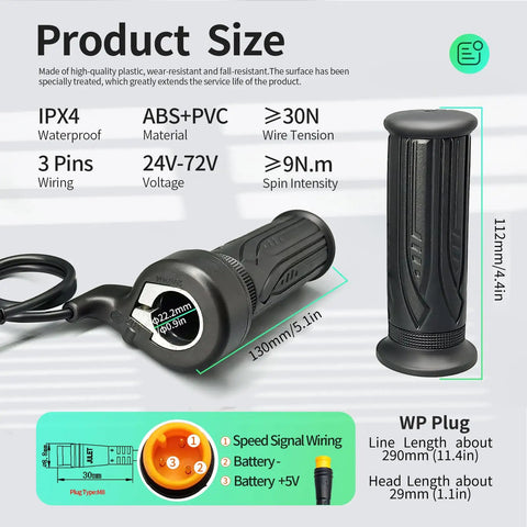 Full Twist Right Handlebar Throttle For E Bikes And Folding Electric Scooters, 24V To 72V Compatible, 3 Pin Waterproof SM Connector, Fits 22MM Handlebars, Works With Most Adult E Bike Controllers, 20X Full WP