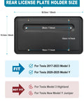 Tesla Model 3 And Model Y Rear License Plate Holder Bracket Frame With Screws Caps And Backseat Air Vent Cover Replacement Kit 109684400B Direct Fit Easy Install Now, showing fit diagram for license plate size compatibility.