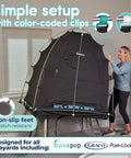 Woman setting up Portable Blackout Tent For Pack And Play Sleep Pod That Blocks 98 Percent Of Light, showing clips and non-slip feet.