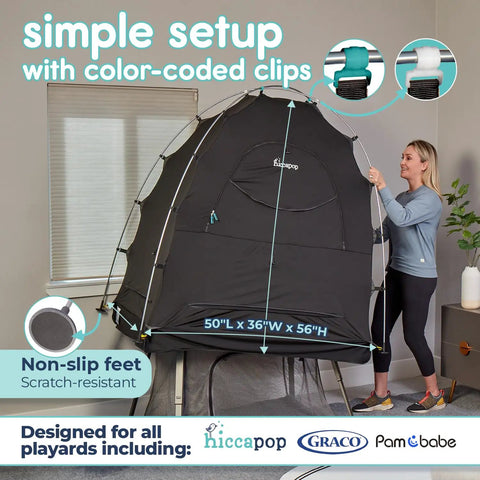 Woman setting up Portable Blackout Tent For Pack And Play Sleep Pod That Blocks 98 Percent Of Light, showing clips and non-slip feet.
