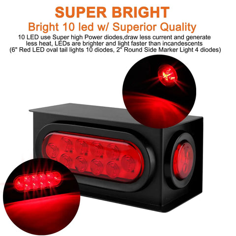 Heavy Duty Steel Trailer Light Box Housing Kit With 6 Inch Oval Red LED Taillights and 2 Inch Round Red Marker Lamps, focused view