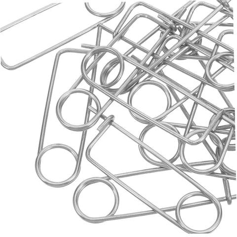 20 Pack Stainless Steel Spring Cotter Pins With Quick Lock For Industrial Machinery And Aerospace Plus Lawn Hitch And Farm Equipment Heavy Duty Safety Fasteners That Hold Tight, close-up of shiny steel pins.