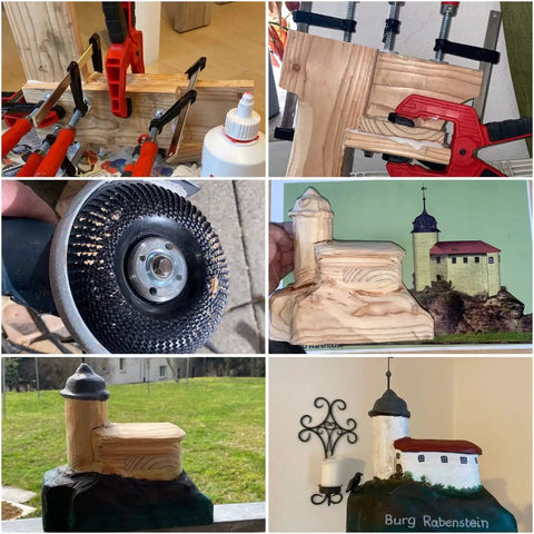 4 Inch Wood Shaping Wheel for Angle Grinders With 5/8 Inch Arbor and 7/8 Inch Conversion Ring Included in use for carving wood model