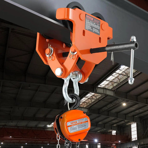 Beefy Manual Beam Trolley For 2 Ton Load, dual wheel push trolley on I-beam in warehouse setting