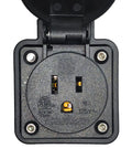 Close-up of J1772 to NEMA 5-15 EV Charging Adapter Plug showing two outlet slots for vehicle charging.