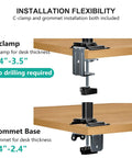 Installation of Adjustable Laptop Desk Mount Arm For 17 Inch Laptops And 32 Inch Monitors with C-clamp and grommet base on desk