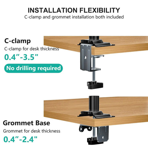 Installation of Adjustable Laptop Desk Mount Arm For 17 Inch Laptops And 32 Inch Monitors with C-clamp and grommet base on desk