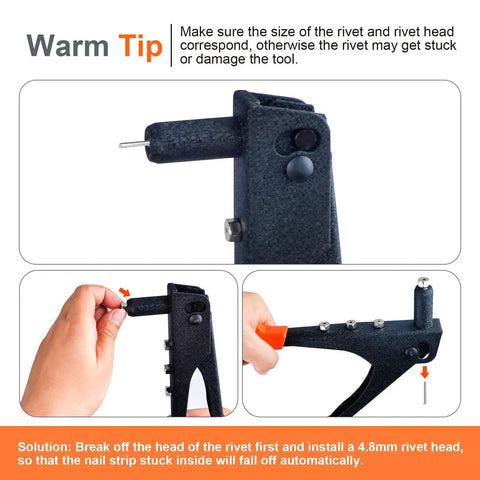 Close-up of Manual Pop Rivet Gun Kit With 4 Replaceable Nosepieces And 200 Rivets showing nosepiece installation and ergonomic handle.
