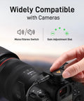 Person adjusting Wave T5 Mini Magnetic Wireless Lavalier Microphone gain dial on camera, showing compatibility with cameras for content creators.