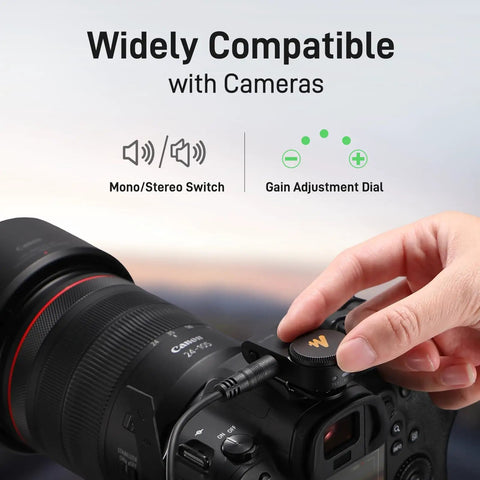 Person adjusting Wave T5 Mini Magnetic Wireless Lavalier Microphone gain dial on camera, showing compatibility with cameras for content creators.