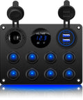 Beefy 8 Gang Rocker Switch Panel With 12V Waterproof Toggle Switches LED Digital Voltmeter 4.2A Dual USB Charger Panel