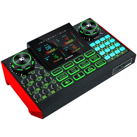 G9 Live Sound Card And Streaming Mixer with Built-In Audio Interface for Smartphones and PCs, 4.5 inch HD screen, controls visible