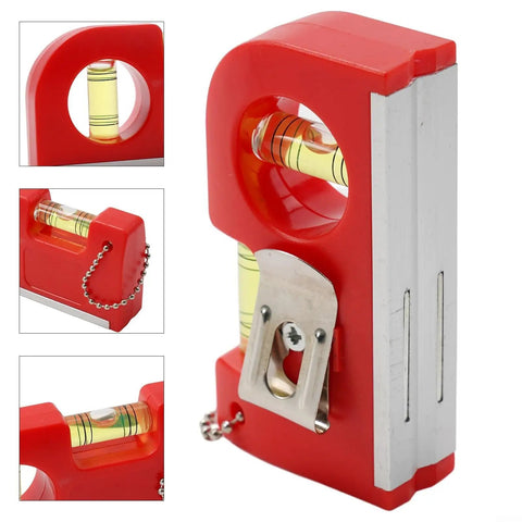 Portable for spirit Level with Hook for Horizontal Vertical Plane Check, red plastic design, magnetic base, chain included.