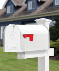Real Deal Brush On Protective Enamel Paint In Satin White For Metal Wood Concrete And Masonry With Hella Tough Rust Coating And Super Fast Dry Finish on a mailbox, showcasing a glossy white finish.