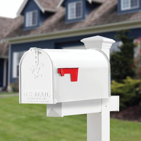 Real Deal Brush On Protective Enamel Paint In Satin White For Metal Wood Concrete And Masonry With Hella Tough Rust Coating And Super Fast Dry Finish on a mailbox, showcasing a glossy white finish.