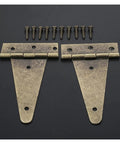 Vintage T-Shape Metal Cabinet Hinges 4 Pack With Screws, Antique Bronze Finish, 10cm Flat Furniture Hardware set displayed