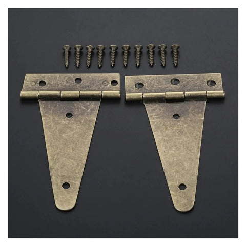 Vintage T-Shape Metal Cabinet Hinges 4 Pack With Screws, Antique Bronze Finish, 10cm Flat Furniture Hardware set displayed
