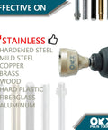 Front view of deburring external chamfer tool with tungsten blade, gold-tone body in drill chuck; OKX Plus Tools logo visible.
