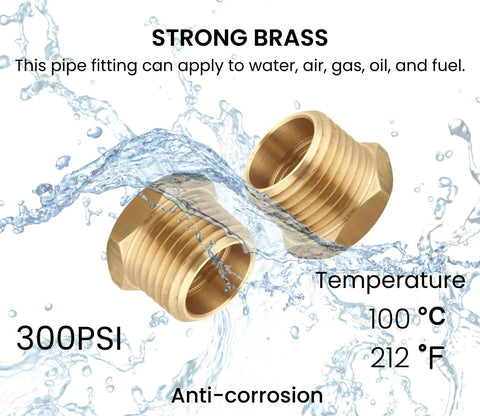 Two brass NPT reducer bushings, 3/4 in male to 1/2 in female, hex, 1 in OD to 0.75 in ID.