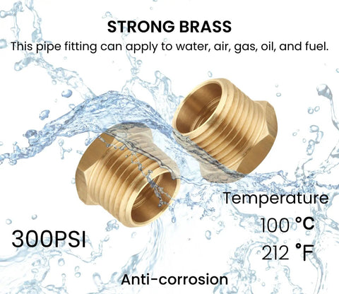 Brass Pipe Fitting Reducer Hex Bushing 3/4 NPT Male To 1/2 NPT Female Connector, corrosion-resistant, 300PSI, in water splash background