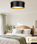 Two Light Frosted Glass Flush Mount Ceiling Light In Black With Gold Inner Accent Sleek Modern Vibe Metal Fixture in bedroom