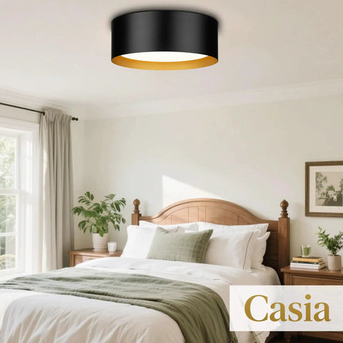Two Light Frosted Glass Flush Mount Ceiling Light In Black With Gold Inner Accent Sleek Modern Vibe Metal Fixture in bedroom