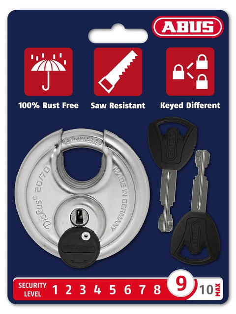 Diskus 20 To 70mm Padlock With Key 70mm Heavy Duty Stainless Steel Lock For Outdoor And Storage Use Cut Rust And Drill Resistant Security Padlock With 2 Unique Keys Keyed Differently For Commercial And Home Security packaging showing padlock and keys.