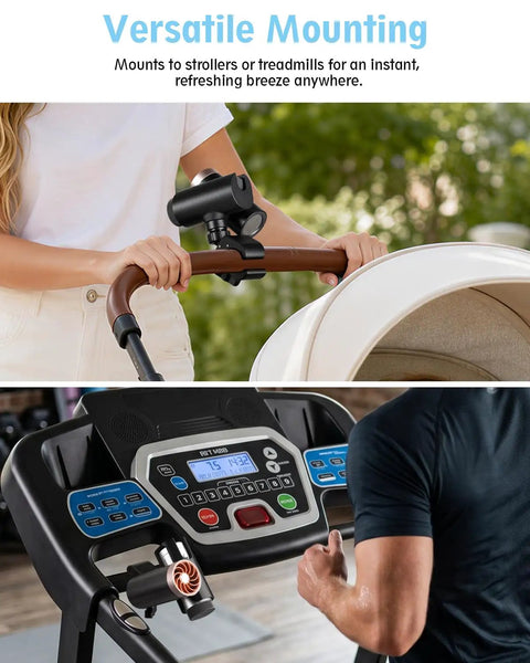 Top Shelf Adjustable Fan Clamp Attachment For Shark ChillPill 3 In 1 Cooling Fan mounted on stroller and treadmill.