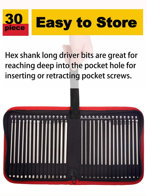 Open case containing 30 Pack 1/4 Inch Hex Shank Magnetic Screwdriver Bits Set, 6 Inch Long Bits, Includes Slotted Phillips Square And Torx, Heavy Duty S2 Steel, Mega Magnetic Retention For Quick, Sure Bit Changes