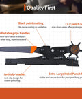 Diagram of Rotary Leather Hole Punch Kit With Multiple Size Punches For Belts Watch Bands Straps Dog Collars Saddles Shoes Fabric And DIY Projects This Beast Heavy Duty Pliers For Quick Clean Holes, highlighting features like black paint coating, Cr-V punch head, and anti-slip bracket.