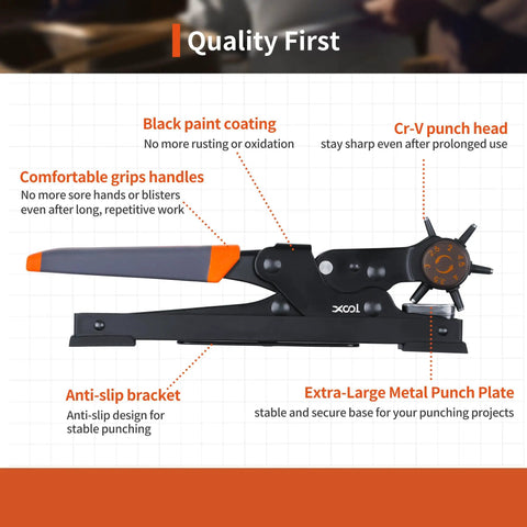 Diagram of Rotary Leather Hole Punch Kit With Multiple Size Punches For Belts Watch Bands Straps Dog Collars Saddles Shoes Fabric And DIY Projects This Beast Heavy Duty Pliers For Quick Clean Holes, highlighting features like black paint coating, Cr-V punch head, and anti-slip bracket.