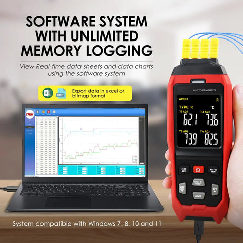 Four Channel Thermocouple Data Logger Thermometer Workhorse displayed next to a laptop showing data charts on screen.