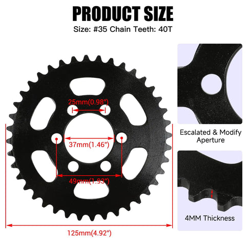 35 Chain Sprocket 40 Tooth Fits Baja DB30 Coleman CT100U CC100X CK100 TaoTao GK80 Motovox MBX10 MBX11 detailed dimensions