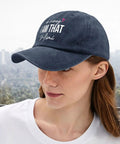 Fresh Daily Dope Comfort Women Navy Blue Adjustable Cap on woman with city skyline background