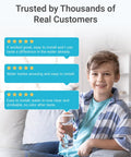 Top Shelf Inline Water Filter For Ice Makers And Fridges Smooth Flow One Quarter Inch Tubing RV Camper Compatible Five Year Lifespan, boy holding water glass with positive reviews.