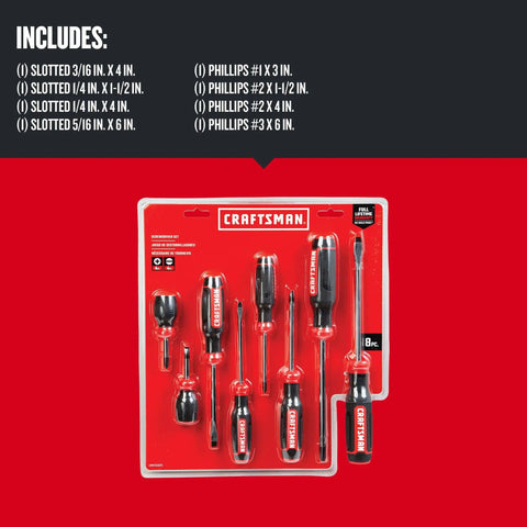 Bi-Material Eight Piece Screwdriver Set With Durable Black Oxide Tips, Quick Rotation Control, and Textured Torque Grip in packaging