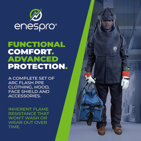 Hella Durable Cat 4 Arc Flash PPE Kit XL with hood, gloves, face shield, and gear bag for field safety.