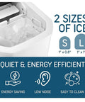 No Sweat Countertop Bullet Ice Cube Maker With 1.1 Liter Tank showing size options and features for fast ice production.