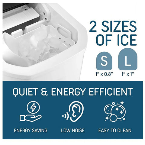 No Sweat Countertop Bullet Ice Cube Maker With 1.1 Liter Tank showing size options and features for fast ice production.