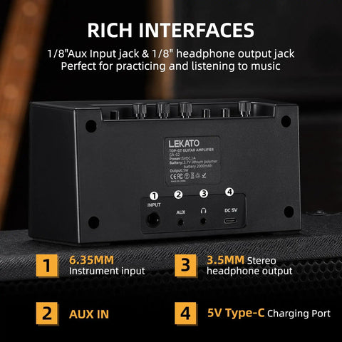 Back view of Portable Mini Guitar Amplifier With Clean And Distortion Channels 5W Rechargeable Bluetooth Practice Amp, showing inputs and ports.