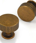 Five Pack Antique Brass Cabinet Knobs And Round Single Hole Pulls For Kitchen Cabinets Drawers And Dressers, two vintage-style knobs