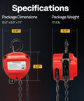3 Ton 10ft Red Chain Hoist Heavy Duty Manual Pulley Lift With G80 Manganese Steel Chain dimensions and weight details