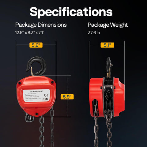 3 Ton 10ft Red Chain Hoist Heavy Duty Manual Pulley Lift With G80 Manganese Steel Chain dimensions and weight details