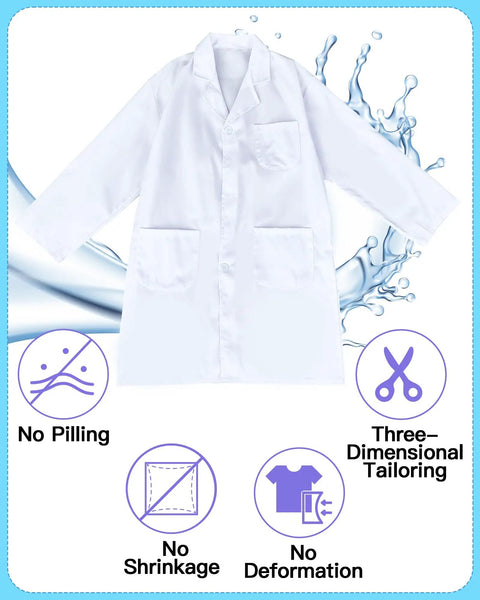 Three Piece Unisex Pro Lab Coat Set For Women And Men, Long White Medical Coat, Medium, No Pilling, Polyester-Cotton