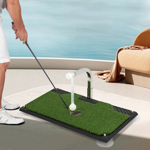 Indoor Golf Swing Trainer With Real Turf Mat, Suction Pad Base, Adjustable Ball Mount Height in home setting
