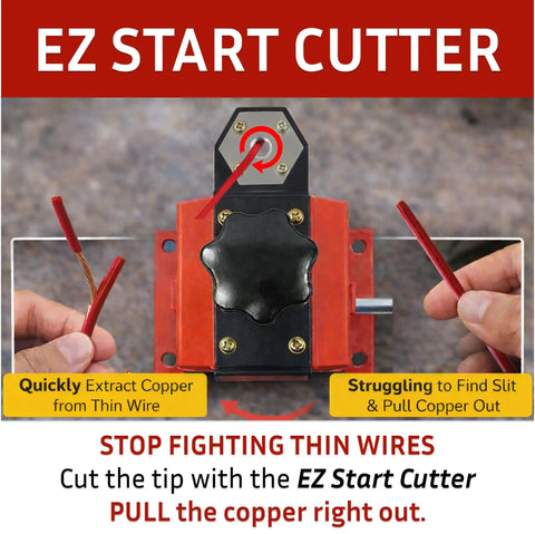 EZ Start Cutter on Heavy Duty Manual Copper Wire Stripping Machine for 18 AWG to 1-1/2 Inch Cable, hands using cutter