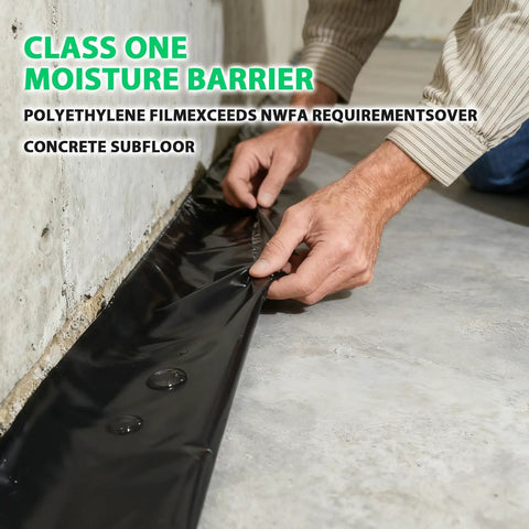 Heavy Duty Black Underlayment Roll With Adhesive Strip For Vinyl Laminate Engineered Wood Floors 6 Mil Thick 360 Square Foot Coverage Vapor Barrier applied over concrete subfloor.