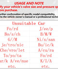 Front view of fuel pressure tester kit usage card with red USAGE AND NOTE heading and Unsuitable Car table