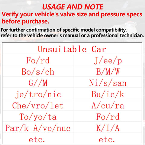 Front view of fuel pressure tester kit usage card with red USAGE AND NOTE heading and Unsuitable Car table